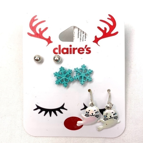 Claire’s Holiday Pierced Earring Trio-Ball Studs, Snowflakes, Seals NWT - Picture 1 of 3